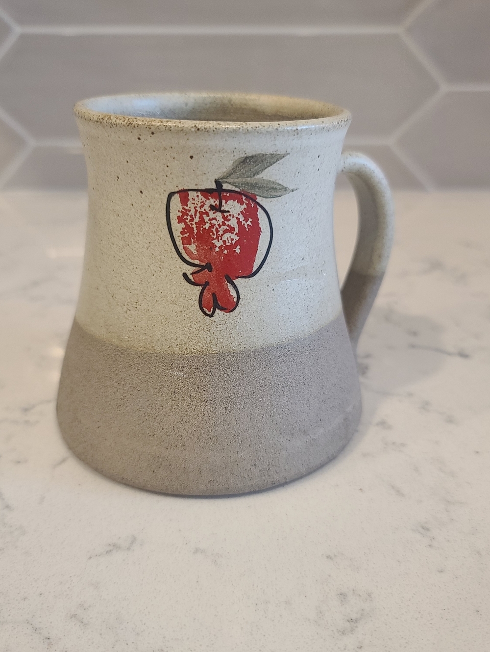 Handmade Stoneware Mug with Red Pomegranate Motif- Signed